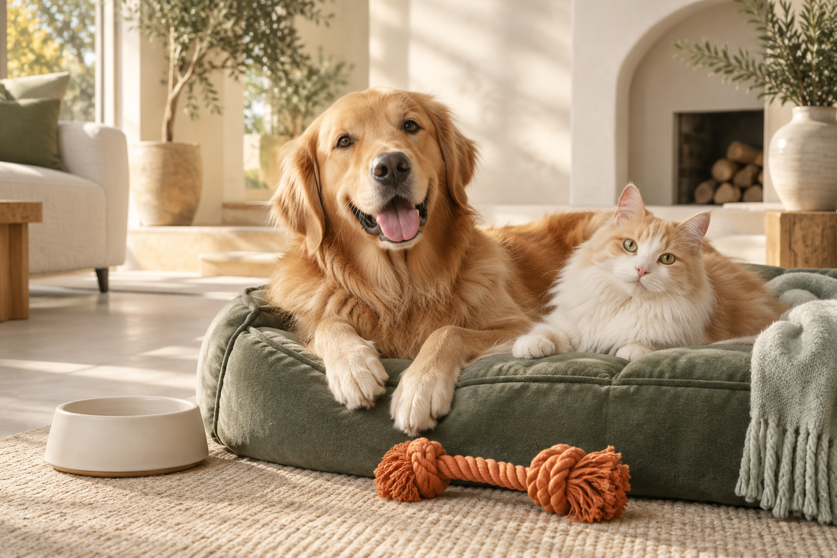 Evde birlikte dinlenen kedi ve köpek