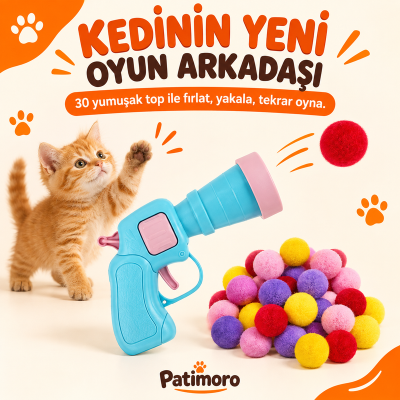 Patimoro Mini Top Fırlatıcı Kedi Oyuncağı ve 30 yumuşak top