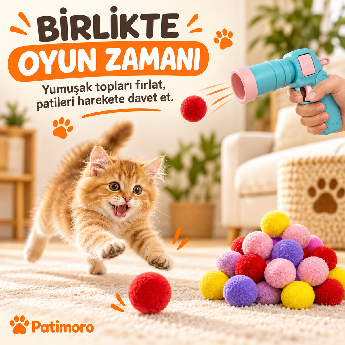 Kediyle birlikte Patimoro top fırlatıcı oyun zamanı